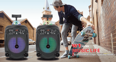 Wattson - Bluetooth 8" Rechargeable Speaker With Disco Light on Top , Front Control Panel , Trolley and Wheels