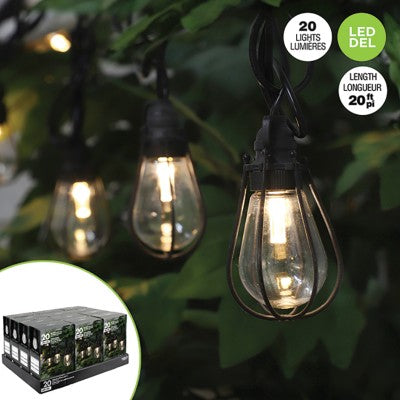 20 Warm White Edison LED Bulbs String with black retro cage