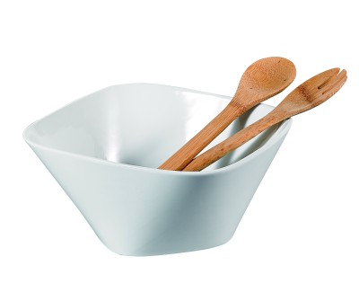 Porcelain Salad Bowl with Bamboo Serving Utensils