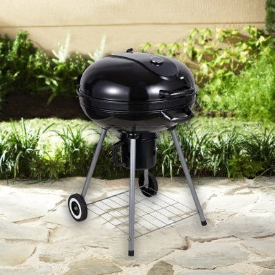 Charcoal outdoor grill with ash receiver, ash receiver cover and wheels