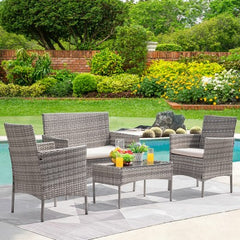 4 Piece Rattan Patio Set, Loveseat and Chairs with Cushions and Tempered Glass Coffee Table